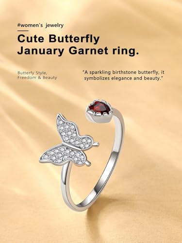 Bestyle 925 Sterling Silver Butterfly Ring Hypoallergnic Adjustable Birthstone Rings for Women Butterfly Jewelry Gifts for Anniversary Mothers' Day Birthday - color: 01.January (Garnet)