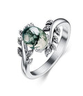 Genuine Turquoise Ring for Women Western Oval Gemstone Jewelry 925 Sterling Silver Leaf Bohemian Boho for Her Wife Mom - color: Moss Agate