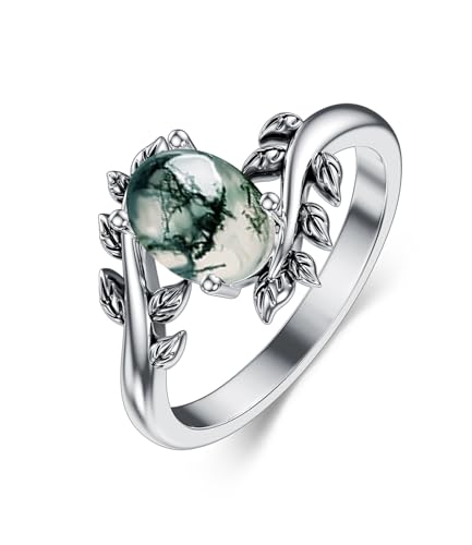 Genuine Turquoise Ring for Women Western Oval Gemstone Jewelry 925 Sterling Silver Leaf Bohemian Boho for Her Wife Mom - color: Moss Agate