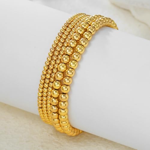 Gold Bracelets for Women 14K Gold Plated Beaded Non Tarnish Bracelets Stretch Bead Ball Bracelet Stack Set Jewelry for Gifts - color: E SET 5PC