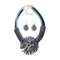 Ethnic Crystal Rhinestone Pendant Necklace Earrings Set Women Handmade Tribal Collar Choker Chunky Metal Bib Rope Chain African Statement Jewelry Set - color: NXR1418-blue