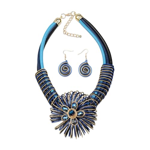Ethnic Crystal Rhinestone Pendant Necklace Earrings Set Women Handmade Tribal Collar Choker Chunky Metal Bib Rope Chain African Statement Jewelry Set - color: NXR1418-blue