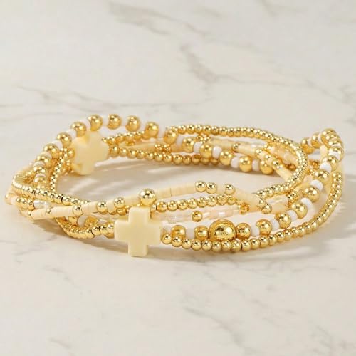 Gold Beaded Cross Bracelet for Women, 14K Plated Adjustable Stackable Dainty Bracelets, Non Tarnish Fashion Jewelry Set Gifts for Women Birthday Friendship - color: Colors-7