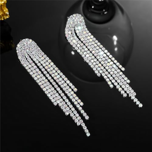 Rhinestone Tassel Earrings Sparkly Long Fringe Crystal Chandelier Dangle Drop Earrings Wedding Party Prom Earrings Premium Iridescent Earrings Wedding Party Jewelry Gifts for Women - color: Silver