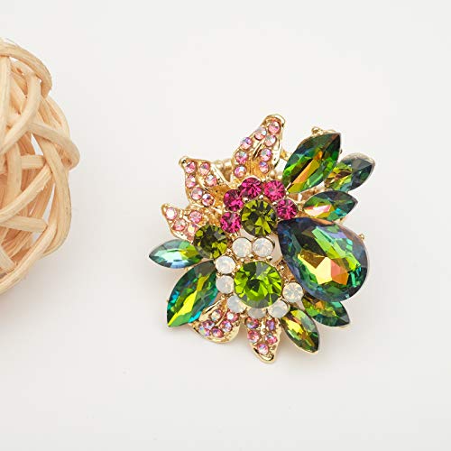 CSY Luxury Women's Austrian Crystal Leaves Flower Big Cocktail Statement Rings Stretch Adjustable Ring Jewelry Accessories - color: magic color
