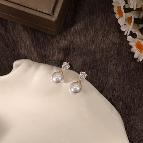 Pearl Earrings for Women, Dainty Wedding Bridal Earrings 14k Gold Plated CZ Pearl Drop Earrings for Women Trendy Hypoallergenic Unique Gold Drop Earrings Fashion Prom Jewelry - color: Gold-A