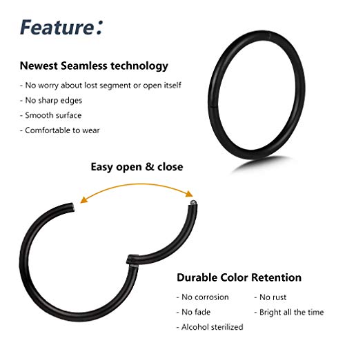 4Pcs 16G 18G 20G Surgical-Steel-Piercing-Ring-Nose-Rings-Hinged-Hoop-Earrings,6mm 8mm 10mm 12mm Seamless Stainless Steel Clicker Eyebrow Septum Piercing Hoop,Sliver Black Gold Rose Gold Rainbow Body Jewelry Set - color: 16G Black