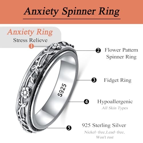 Ladytree Spinner Fidget Ring Sterling Silver Thumb Band for Women Anxiety Ring Platinum Plated Worry Stress Relief Just Breathe Boredom ADHD Autism Rings Boho Jewelry Gift - color: E-oxidized plum flower