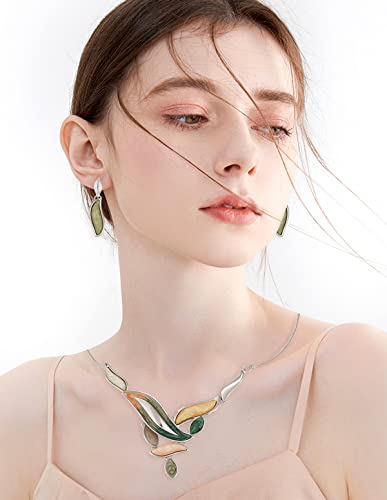 Vintage Chunky Statement Jewelry Set Retro Leaf Floral Geometric Bohemian Boho Bib Necklace Earring Set Fashion Costume Jewelry for Women Girls Wedding Party Prom Unique Gift - style: leaf wave-green yellow