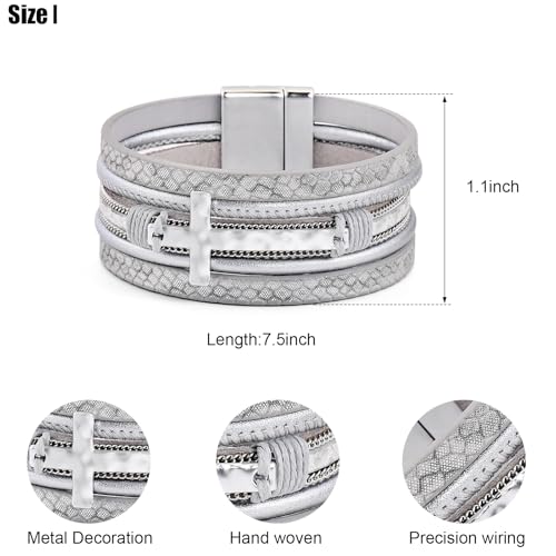 VIBILIA Boho Leather Wrap Bracelets for Women Men Multi-Layer Bracelets with Strong Clasp Western Jewelry - color: 06-Cross-Silver