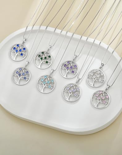 Tree of Life Necklace for Women - Solid 925 Sterling Silver 18K White Gold Plated Birthstone Pendant Jewelry - color: 01-Jan_Garnet