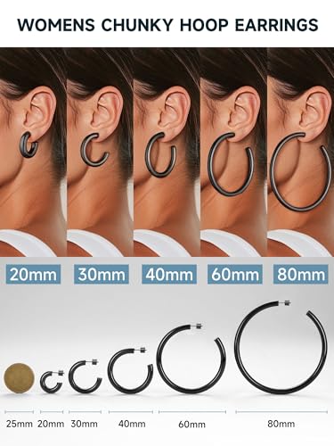 Stainless Steel Chunky Hoop Earrings For Women, Minimalist and Chic, Black/Gold Plated, Round Hoops Earrings Hypoallergenic, Size: 30mm/40mm/60mm/80mm, Come with Box - color: 2. Black, size: 80MM
