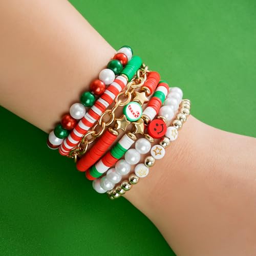 Colorful Heishi Surfer Bracelets Set for Women Stackable Clay Beaded Bracelets Disc Stretch Preppy Bracelets Smiley Face Friendship Bracelets Team Cheer Bulk Boho Summer Beach Jewelry Gift - color: Christmas Beads