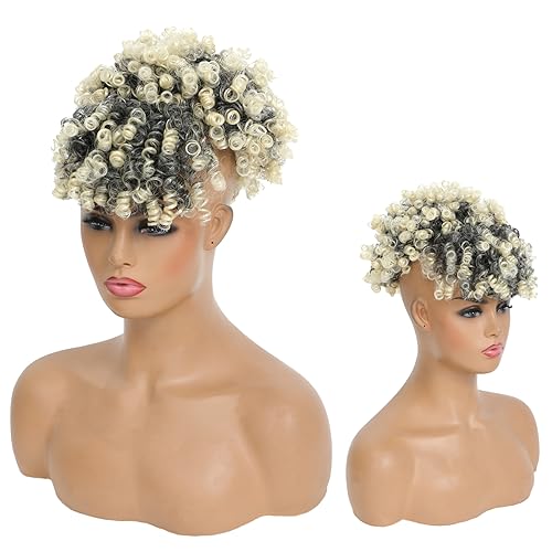 Drawstring Ponytail with Bangs - Afro Puff Extensions for Women, Short Curly Clip in Wrap Updo Hairpiece (T1B/613#) - color: T1B/613#