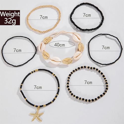 Pingyongchang Bohemian Stackable Shell Beaded Ankle Bracelets for Women Colorful Boho Multi-Layer Seashell Gold Starfish Adjustable Handmade Braid Bracelet Summer Beach Holiday Accessories Gifts - color: Black