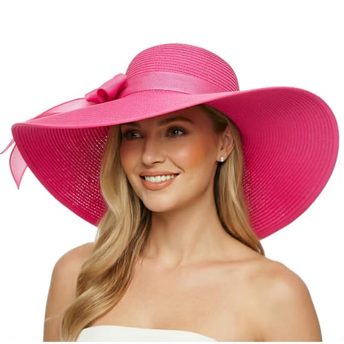 DRESHOW Beach Hats for Women Big Straw Wide Brim Summer Hat Floppy Foldable Roll up Cap Sun Hat UPF 50+ - color: Deep Pink / 5.5" Brim, 1 Pack