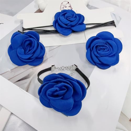 OIDIMS Rose Flower Jewelry Set for Women Classic Velvet Camellia Satin Flowers Choker Necklace Sexy Charms Floral Earring Bracelet for Party Bride Wedding Party Summer Holiday Necklaces - color: Blue