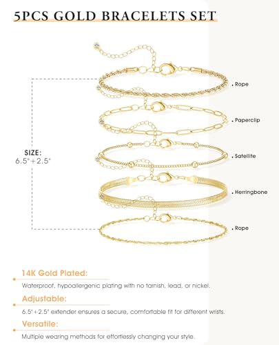 Dainty Gold Bracelets for Women, 14K Gold Plated Stackable Bracelet Set, Adjustable Beaded Cuban Paperclip Herringbone Figaro Snake Rope Chain Jewelry - style: Set8 Gold 5Pcs