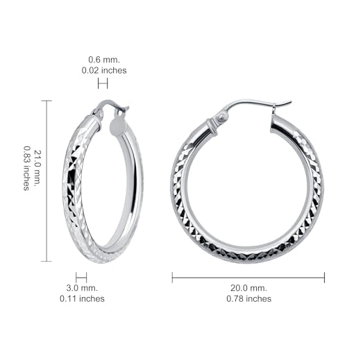 Hoops & Loops 925 Sterling Silver Diamond-Cut Round Hoop Textured 3mm Click-Top Earrings for Women, Slver, Two-Tone 14K Yellow Gold Flash Plate 15/20/25/30/35/40/45/50mm Hoops - color: Silver, size: 20mm (0.78'')