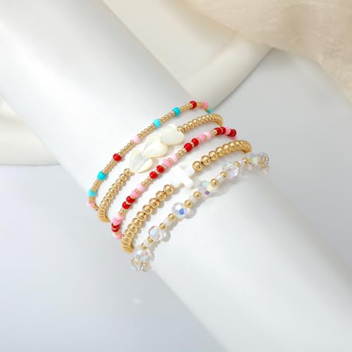 Dainty Gold Plated Pearl Crystal Beaded Bracelets Set for Women 14K Gold Plated Bead Pearl Beads Bracelet Stackable Paperclip Link Chain Bracelets Gold Plated Bracelets for Women Trendy Jewelry - color: Style4-gold bracelets set4