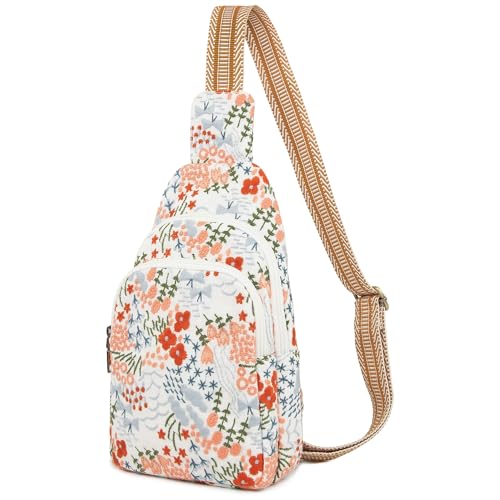 SILKAREA Canvas Sling Bag for Wome Crossbody Purse Small Sling Backpack Purse Travel Hiking Chest Bag Daypack - color: Embroidered White