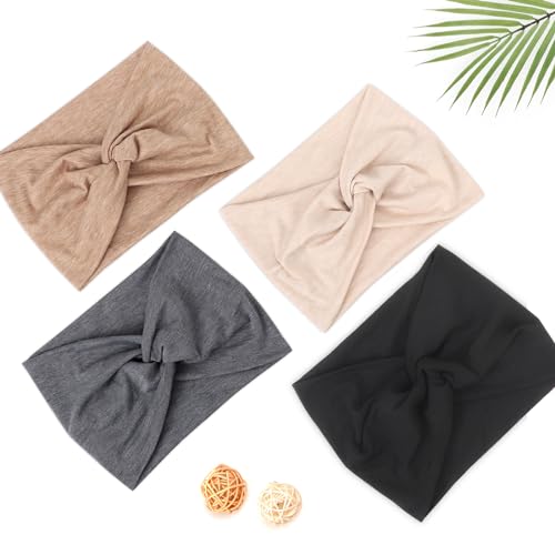 AQOKKA Extra Wide Headbands for Women Large Turban Headband Non Slip Boho Elastic Hairband Hair Twisted Knot Head Bands Accessories - color: 4 Pcs E: Beige, Black, Coffee, Grey