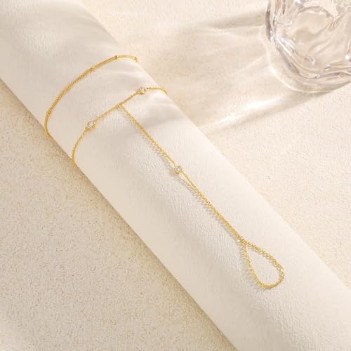 Risamil 14K Gold Plated Hand Chain Bracelets for Women Trendy, Dainty 2PCS Ring Bracelet Hand Chain Finger Bracelets Layered Stackable Link Bracelets for Women Jewelry Gifts for Women - color: BRCZ -01