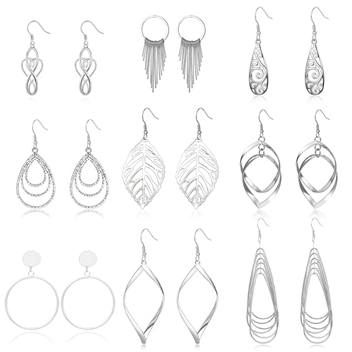 9 Pairs Silver Dangle Earrings for Women Set Retro Vintage Statement Bohemia Boho Drop Earrings Summer Jewelry for Women - style: B