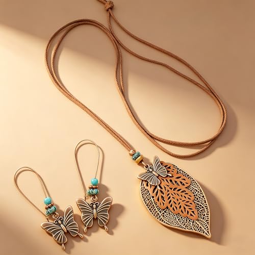 Wooden Leather Necklaces Set Bohemian Wood Stack Discs Long Chain Hemp Rope Bronze Plated Pendant Ethnic Tribal Fall Leaf Earrings Jewelry Statement Necklace - color: R-030