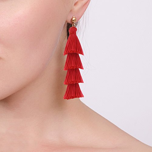 BaubleStar Tassel Earrings Handmade Tiered Thread Tassel Dangle Earrings, Multi Colors - color: Red