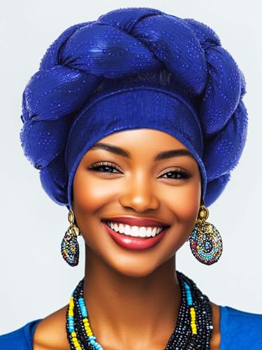 Woeoe African Headwrap Gold Braided Turbans for Women - color: Blue