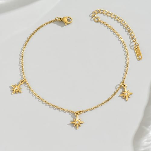 Anklet for Women, 18K Gold Plated Dainty Sea Turtle Heart Butterfly Moon Star Dolphin Snake North Star Charm Dangle Anklet, Cubic Zirconia Adjustable Summer Beach Foot Jewelry, Christmas Gifts - style: Zircon North Star-Gold