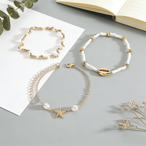 Starfish Seashell Ankle for Women ，14K Gold Bead Handmade Adjustable Plated Boho Shell Anklet ， Foot Chain Jewelry for Summer Beach Vacation - color: Starfish 3Pcs