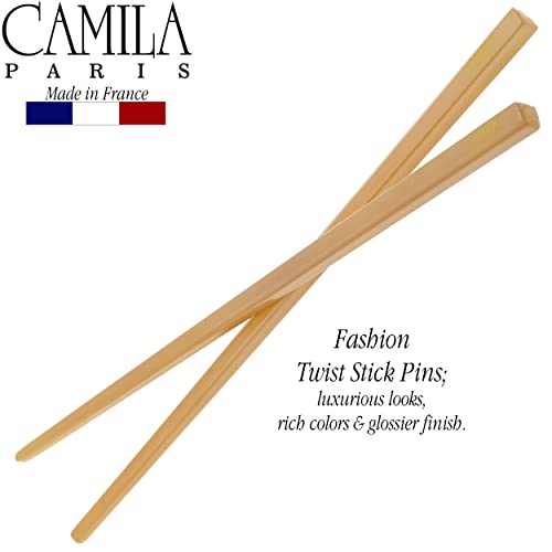 Camila Paris CP3380 French Twist Stick Hair Pin, Set of 2 Beige, Girls Chopsticks Hair Pins for Girls Spiral Updo Chignon Bun Holder, Styling Hair Accessories for Women, Made in France - color: Beige