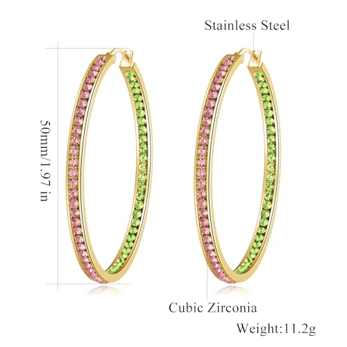 CiNily Mult-colors Crystal Stainless Steel Hoop Earring for Women Hypoallergenic Jewelry for Sensitive Ears Large Big Hoop Earrings 2" - color: Gold-Pink and Green