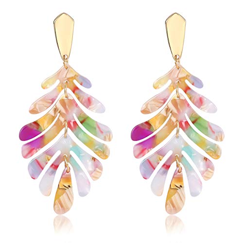 ARATLENCH Acrylic Pendant necklace Earrings – Long Statement Leaf Charm Necklace Tortoise Resin Palm Leaf Earrings Fashion Necklaces Earrings for Women - color: Floral -earrings