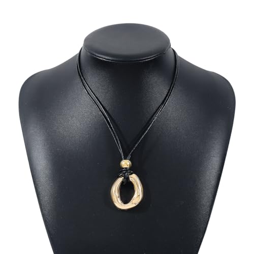GIGB PBDK Chunky Gold Choker Necklace for Women,Dainty 14K Gold Geometric Hollow Circle Round Pendant Necklace Black Leather Rope Collar Necklace Gifts - color: Gold