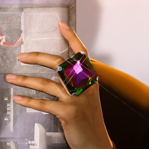 Large Different Color Square Sparking Rhinestone Ring, Exaggerated Vintage Geometric Crystal Glass Rings for Women Oversized Big Chic Party Jewelry Gift - color: Colorful