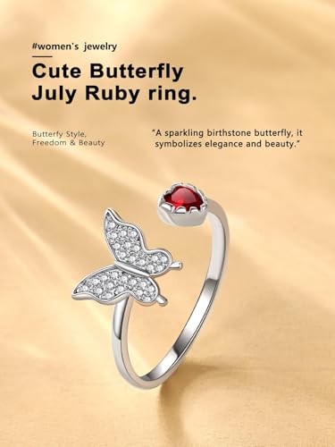 Bestyle 925 Sterling Silver Butterfly Ring Hypoallergnic Adjustable Birthstone Rings for Women Butterfly Jewelry Gifts for Anniversary Mothers' Day Birthday - color: 07.July(Ruby)-Ring Delicate