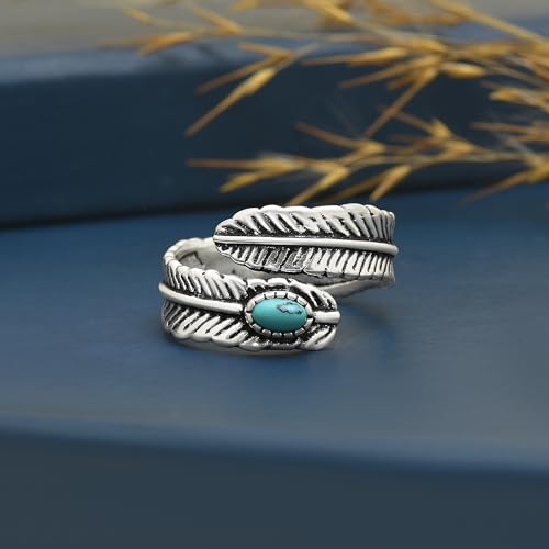 Silver Plated Feather Ring | 925 Silver Adjustable Open Ring | Vintage Leaf Design Inspirational Jewelry for Men & Women | Hypoallergenic Boho Statement Ring - color: Healing Turquoise
