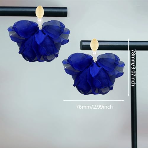 Handmade Fabric Flower Petal Fringe Dangle Drop Earrings Bohemian Floral Tassel Stud Earrings For Women - color: Royal Blue