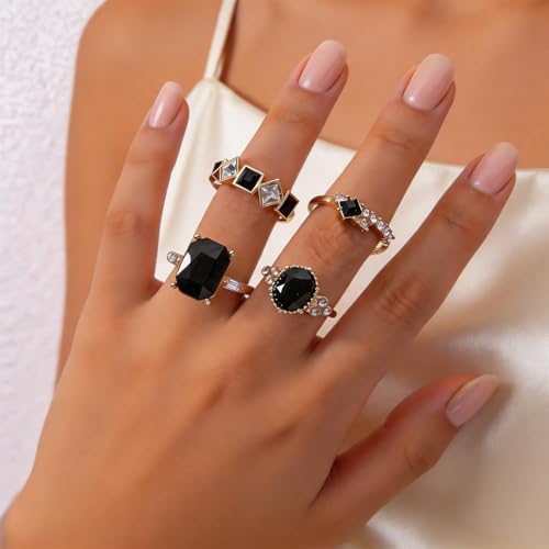 Black Obsidian Ring Stackable Gold Tone Oval Black Stone Statement Ring for Women Party Date Night Jewelry Gift - color: A3:black obsidian rings