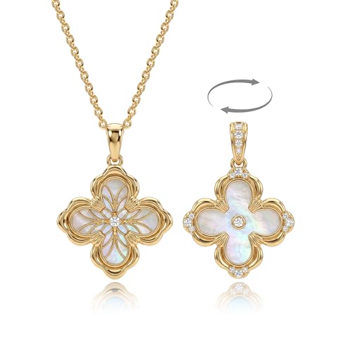 Fettero Dainty Gold Necklace for Women - Double Sided Pendant Necklace 14K Gold Plated Charm Clover Necklace Jewelry for Valentine's Day - color: Mother Pearl White