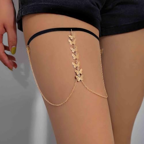 Boho Butterfly Leg Chain Butterfly Thigh Leg Chain Multi Butterfly Tassel Thigh Chain Elastic Leg Thigh Chain Punk Gold Body Chain Rave Bikini Thigh Body Chain Jewelry for Women