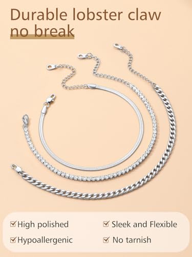 FindChic Black/Silver/Gold Plated Anklets Set of 2PCS/3PCS Herringbone Chain Cuban Link Heart Charm Sparkling Tennis Ankle Bracelets, Waterproof Summer Foot Jewelry for Beach - color: 06. Silver-3PCS Herringbone & Tennis & Cuban