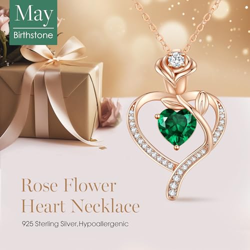 LOUISA SECRET Rose Flower Heart Birthstone Necklaces for Women, 925 Sterling Silver Jewelry, Pendant Heart Necklaces Birthday Anniversary Christmas Gift for Women Wife Mom Girlfriend Lady - color: Rose Gold-05-May