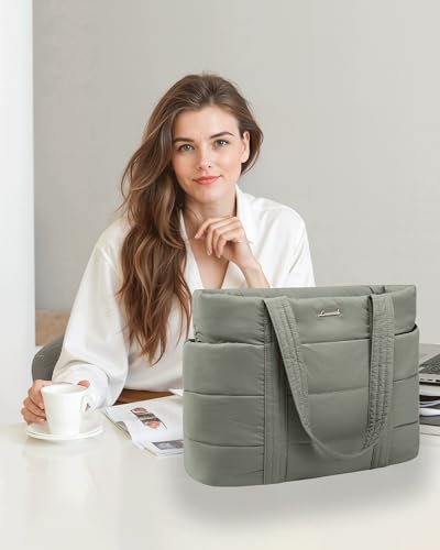 LOVEVOOK Tote Bag for Women, Large Puffer Work Tote Laptop Bag, Lightweight Travel Tote Bag with Zipper Gifts for Women - color: Gray-green-a, size: 15.6 Inch