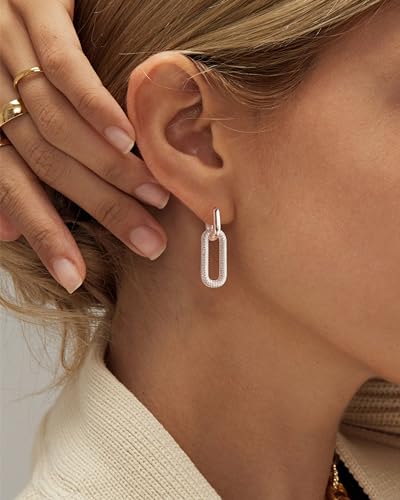 Gold Earrings for Women Trendy, Simple Dainty 14K Gold Plated Paperclip Square Chain Link Dangle Hoops Earrings Pin Stud Huggie Earrings Lightweight Hypoallergenic Minimalist Aesthetic Gold Jewelry for Christmas Gifts - color: link huggie earrings-silver