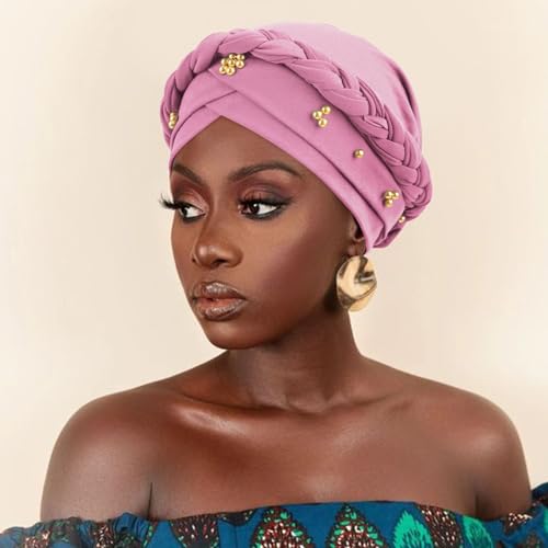 African Women Turban Caps Pre-Tied Twisted Turbans Head Scarf for Women Hair Wraps Cover Beanie Cancer Chemo Headwear - color: 1 Pack Twisted Braid: Gold Bead Pink