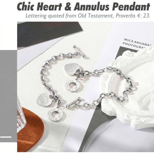 Emibele Heart Charm Bracelet for Women, Bible Verse Bracelet Stainless Steel 18K Gold Plated Bracelet Love Pendant Link Chain OT Clasp, Birthday Christmas Jewelry Gift for Mother Her - color: Silver Heart